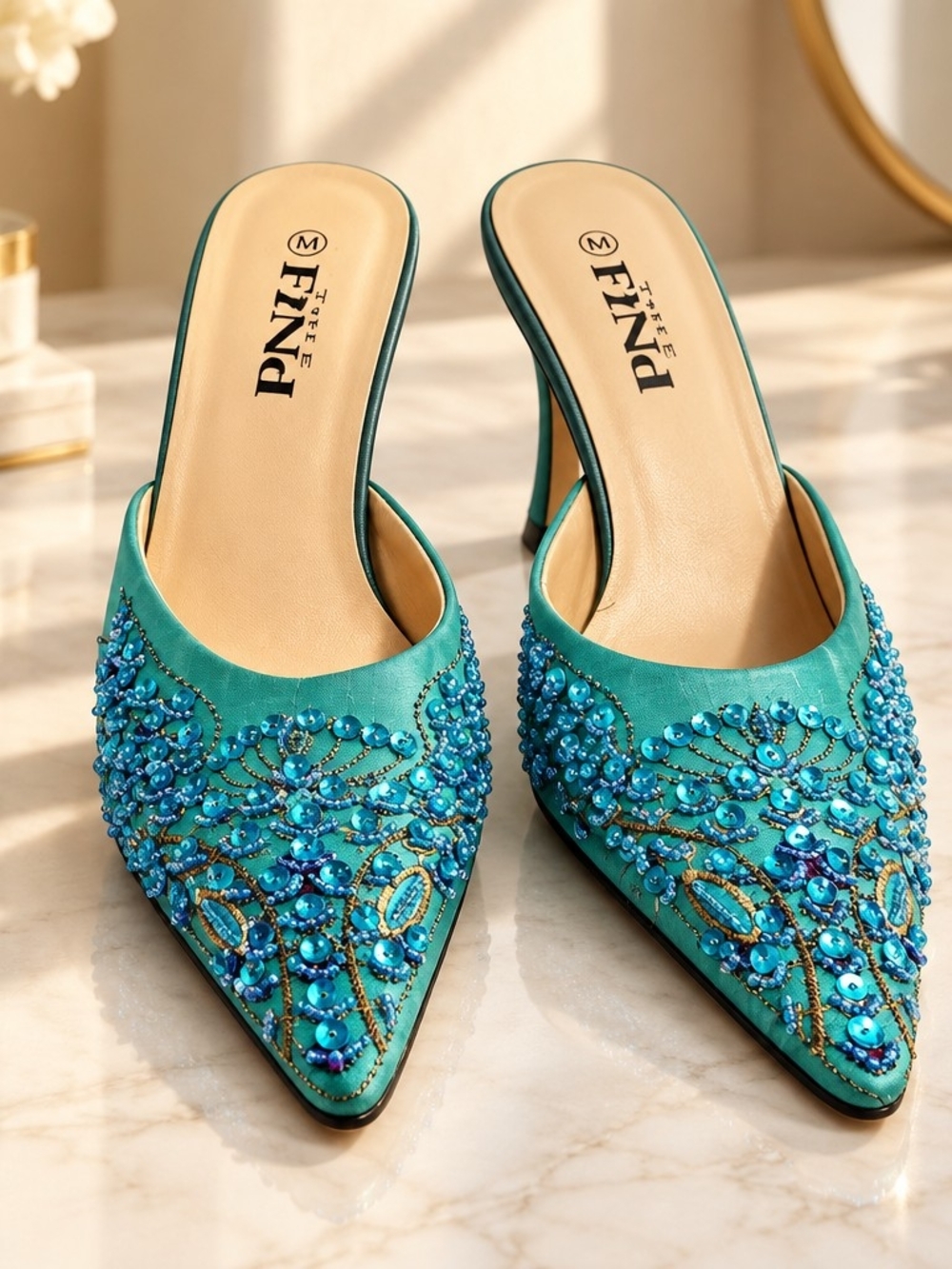 The Find Teal Embellished Pointed-Toe Slip-On Mules